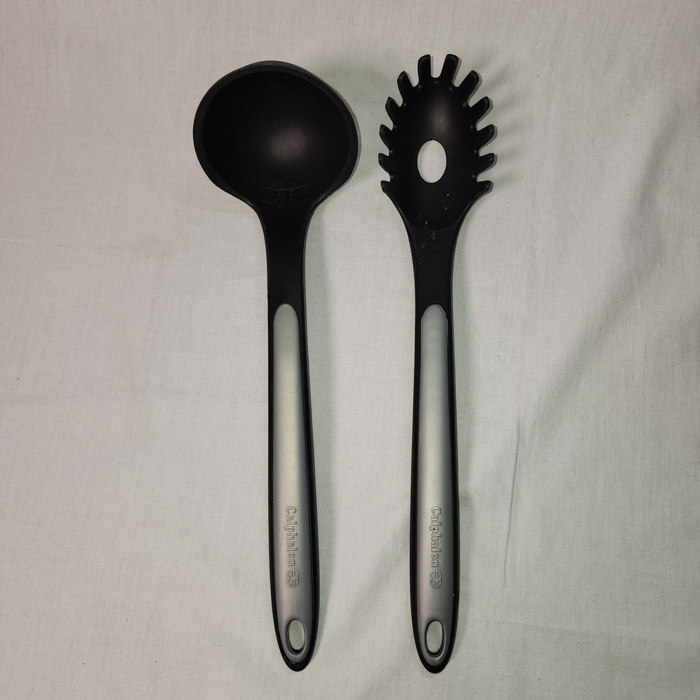 Lot of 2 Calphalon Nylon Kitchen Utensils Ladle & Pasta Fork Salad Server Gray